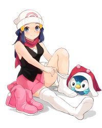 Rule 34 | 00s, 1girl, bad id, bad pixiv id, beanie, blue eyes, blue hair, blush, boots, creatures (company), dawn (pokemon), dressing, full body, game freak, gen 4 pokemon, hair ornament, hairclip, hat, long hair, miniskirt, nintendo, no shoes, onaramaru, pink footwear, pink skirt, piplup, pokemon, pokemon (creature), pokemon dppt, red scarf, scarf, shoes, simple background, sitting, skirt, socks, soles, thighhighs, unworn boots, unworn shoes, white thighhighs