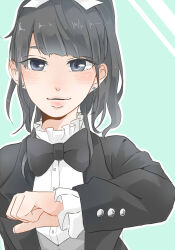 Rule 34 | 1girl, black bow, black bowtie, black eyes, black hair, black jacket, blush, bow, bowtie, closed mouth, collared shirt, commentary request, dress shirt, formal, frilled sleeves, frills, grey vest, half updo, highres, jacket, kashikaze, long sleeves, looking at viewer, medium hair, nanjou yoshino, open clothes, open jacket, outline, real life, shirt, solo, stuffed toy, upper body, vest, voice actor, white outline, white shirt