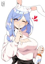 Rule 34 | 1girl, alcohol, animal ear fluff, apron, artist logo, blue hair, blush, bottle, braid, breasts, carrot, cleavage, cleavage cutout, clothing cutout, drunk, eyelashes, finger to mouth, fingernails, hair over shoulder, heart, highres, holding, holding bottle, hololive, index finger raised, lips, long hair, looking at viewer, mature female, multicolored hair, one eye closed, pekomama, rabbit-shaped pupils, rabbit girl, red eyes, ribbed sweater, side braid, simple background, smile, solo, sweater, swept bangs, symbol-shaped pupils, two-tone hair, unexistarts, usada pekora, virtual youtuber, white background, white sweater