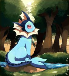 Rule 34 | amulet, artist name, commentary, creatures (company), english commentary, forest, game freak, gen 1 pokemon, grass, jewelry, looking to the side, nature, necklace, nintendo, no humans, outdoors, pokemon, pokemon (creature), purpleninfy, red eyes, river, sitting, sunlight, tree, vaporeon, water