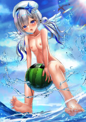 Rule 34 | 1girl, absurdres, amane kanata, amane kanata (work), angel wings, asymmetrical hair, barefoot, beret, bikini, black bikini, blue hair, blue sky, blunt bangs, blush, breasts, cloud, cloudy sky, collarbone, completely nude, convenient censoring, feathered wings, feet, food, fruit, full body, grey hair, hair ornament, hairclip, hat, highres, holding, hololive, jagoo, legs, long hair, looking at viewer, multicolored hair, navel, nipples, nude, on water, open mouth, outdoors, parted bangs, shiny skin, single hair intake, sky, small breasts, soles, solo, splashing, spread toes, squatting, streaked hair, swimsuit, teeth, toenails, toes, twintails, unworn bikini top, upper teeth only, virtual youtuber, watermelon, white hat, wings