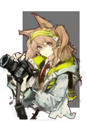 Rule 34 | 1girl, absurdres, amayouri, animal ears, arknights, brown hair, brown vest, camera, chinese commentary, collar, collared shirt, commentary request, cosplay, cropped torso, dslr, earpiece, extra ears, female focus, fox ears, frown, green hairband, grey background, hair between eyes, hairband, highres, holding, holding camera, jacket, long hair, looking at viewer, necktie, open clothes, open jacket, red eyes, red necktie, scene (arknights), scene (arknights) (cosplay), shirt, simple background, sketch, solo, striped clothes, striped hairband, twintails, two-tone background, upper body, vest, weibo watermark, white background, white collar, white jacket