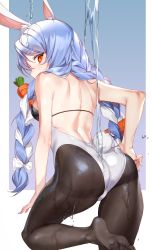 Rule 34 | 1girl, absurdres, animal ears, ass, bare shoulders, black pantyhose, blue background, blue hair, braid, breasts, from behind, highres, hololive, long hair, looking at viewer, looking back, medium breasts, multicolored hair, pantyhose, pepperdevil, rabbit ears, rabbit girl, rabbit tail, red eyes, sideboob, soles, solo, tail, thighs, twin braids, two-tone background, two-tone hair, usada pekora, virtual youtuber, water, white background, white hair