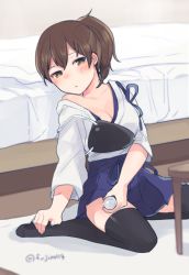 Rule 34 | 10s, 1girl, black thighhighs, blush, breasts, brown eyes, brown hair, cleavage, collarbone, cup, drunk, feet, fuji fujino, japanese clothes, kaga (kancolle), kantai collection, kimono, looking at viewer, muneate, no shoes, off shoulder, short hair, side ponytail, skirt, solo, tasuki, thighhighs, twitter username