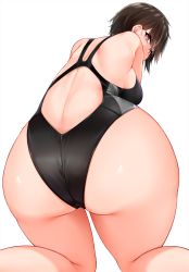 1girl, ass, back, back cutout, bangs, black swimsuit, blush, breasts, brown hair, clothing cutout, competition swimsuit, eyebrows visible through hair, from behind, highleg, highleg swimsuit, kneeling, looking at viewer, looking back, medium breasts, moruta (sunu-pio), one-piece swimsuit, original, purple eyes, short hair, shoulder blades, sideboob, simple background, solo, swimsuit, wide hips