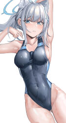 Rule 34 | 1girl, absurdres, animal ear fluff, animal ears, black one-piece swimsuit, blue archive, blue eyes, blue one-piece swimsuit, breasts, competition swimsuit, covered navel, cross, cross hair ornament, earrings, extra ears, grey hair, hair ornament, halo, highleg, highleg swimsuit, highres, inverted cross, jewelry, medium breasts, mismatched pupils, official alternate costume, one-piece swimsuit, ponytail, shiroko (blue archive), shiroko (swimsuit) (blue archive), sidelocks, simple background, slug 1356, solo, swimsuit, two-tone swimsuit, wet, wet clothes, wet swimsuit, white background, wolf ears