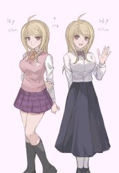 2girls aged_up ahoge akamatsu_kaede alternate_costume blonde_hair breasts collared_shirt danganronpa_(series) danganronpa_v3:_killing_harmony dual_persona feet_out_of_frame fortissimo fu_ga_(vivi912912) hair_ornament highres kneehighs large_breasts long_hair long_sleeves looking_at_viewer multiple_girls musical_note musical_note_hair_ornament necktie open_mouth pink_sweater_vest pleated_skirt shirt skirt smile socks sweater_vest white_shirt