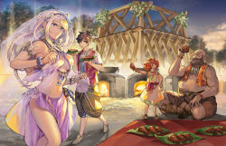 Rule 34 | 2boys, 2girls, :d, ai fa, bare shoulders, blonde hair, blue eyes, bracelet, character request, child, closed mouth, cover image, dancer, earrings, eyebrows hidden by hair, fire, flower, food, hair flower, hair ornament, highres, holding, holding food, isekai ryouridou, jewelry, kochimo, long hair, looking at another, looking away, meat, messy hair, midriff, multiple boys, multiple girls, navel, necklace, night, novel illustration, official art, open mouth, outdoors, photoshop (medium), red hair, sandals, sarong, second-party source, smile, standing, stomach, textless version, thighs, tree, tsurumi asuta, veil