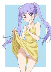 Rule 34 | 1girl, aqua background, bare arms, bare legs, bare shoulders, blunt bangs, blush, border, clothes lift, collarbone, commentary request, commission, cowboy shot, dress, finger to mouth, gyouza (mhea5724), hands up, highres, index finger raised, lifting own clothes, long hair, looking at viewer, new game!, open mouth, panties, pink eyes, pixiv commission, purple hair, shushing, sidelocks, simple background, skirt, skirt lift, smile, solo, suzukaze aoba, twintails, underwear, white border, white panties, yellow dress