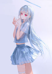 Rule 34 | 1girl, absurdres, commentary request, crop top, from side, grey background, grey hair, grey sailor collar, grey skirt, halo, hands up, highres, ichika (ichika87), long hair, looking at viewer, looking to the side, midriff, midriff peek, original, pleated skirt, red eyes, sailor collar, school uniform, serafuku, shirt, short sleeves, skirt, solo, thigh strap, very long hair, white shirt