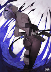 Rule 34 | 1girl, absurdres, ass, belt, black hairband, black leotard, breasts, butt crack, dark-skinned female, dark skin, fate/grand order, fate/prototype, fate/prototype: fragments of blue and silver, fate (series), fingerless gloves, from behind, gloves, hairband, hassan of serenity (fate), highres, leggings, leotard, nao (syn eaa), purple eyes, purple hair, small breasts, solo, standing, standing on one leg