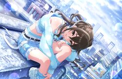 Rule 34 | 1girl, belt, bridge, brown eyes, brown hair, building, cityscape, cloud, game cg, idolmaster, idolmaster cinderella girls, idolmaster cinderella girls starlight stage, jewelry, nail polish, navel, official art, ring, sitting, snow, snowing, solo, sunazuka akira, tongue, tongue out