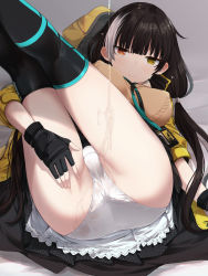 Rule 34 | 1girl, black gloves, black hair, black thighhighs, breasts, covered erect nipples, fingerless gloves, girls&#039; frontline, gloves, hand on own thigh, heterochromia, highres, jacket, lace, legs up, long hair, looking at viewer, mishima hiroji, multicolored hair, panties, pantyshot, pleated skirt, red eyes, ro635 (girls&#039; frontline), simple background, sitting, skirt, solo, streaked hair, thighhighs, thighs, twintails, underwear, upskirt, wet, white hair, white panties, yellow eyes