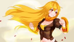 Rule 34 | 1girl, bad id, bad pixiv id, blonde hair, breasts, brown jacket, cleavage, clisapex, floating hair, hair between eyes, highres, jacket, long hair, medium breasts, midriff, navel, parted lips, red eyes, rwby, short sleeves, simple background, smile, solo, stance, standing, stomach, upper body, very long hair, white background, yang xiao long
