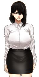 Rule 34 | 1girl, black hair, black skirt, blurry, breasts, collared shirt, commentary, cowboy shot, depth of field, dress shirt, eyes visible through hair, furrowed brow, hair between eyes, highres, hoshi san 3, large breasts, lips, long sleeves, looking at viewer, medium hair, miniskirt, mole, mole under eye, mole under mouth, office lady, original, pencil skirt, shirt, shirt tucked in, simple background, skirt, solo, white background, white shirt, wing collar