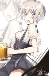 Rule 34 | 1girl, alcohol, apron, artist name, bad id, bad twitter id, beer, beer mug, blue eyes, cowboy shot, cup, dated, dirndl, german clothes, kantai collection, mug, open mouth, pallad, puffy sleeves, shirt, short hair, silver hair, solo, waitress, white shirt, z1 leberecht maass (kancolle), zoom layer