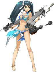 Rule 34 | 1girl, :o, anklet, bare shoulders, barefoot, bikini, blue bikini, blue hair, breasts, bullpup, dual wielding, floral print, full body, green eyes, gun, hair ribbon, hedgehog anti-submarine mortar, holding, holding gun, holding weapon, isuzu (kancolle), jewelry, kantai collection, kuuro kuro, large breasts, long hair, looking to the side, machinery, navel, official art, open mouth, ribbon, single-shoulder bikini, solo, swimsuit, torn bikini, torn clothes, torn swimsuit, transparent background, trigger discipline, twintails, weapon, white ribbon