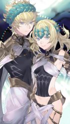 Rule 34 | 1boy, 1girl, armor, artist request, bare shoulders, black shirt, blonde hair, blue eyes, breasts, brother and sister, castor (fate), closed mouth, collar, covered navel, diadem, fate/grand order, fate (series), highres, looking at viewer, medium hair, metal collar, parted lips, pauldrons, pollux (fate), robe, shirt, short hair, shoulder armor, siblings, small breasts, smile, thighs, twins, white robe