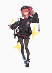 Rule 34 | 1girl, absurdres, ammunition pouch, beret, black nails, candy, collared shirt, food, full body, girls&#039; frontline, gun, h&amp;k mp7, hat, headset, highres, jacket, lollipop, looking at viewer, loose clothes, machine gun, machine pistol, medium hair, mp7 (girls&#039; frontline), nail polish, off shoulder, open mouth, pantyhose, personal defense weapon, pleated skirt, pouch, red hair, ribbon, shirt, shoes, side ponytail, skindentation, skirt, smile, sparkle background, submachine gun, thigh strap, user uyfx3538, v, weapon, yellow eyes