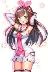 Rule 34 | 1girl, ame sagari, armpits, arms behind head, black bow, black bowtie, blue eyes, blush, bow, bowtie, breasts, brown hair, buttons, collared jacket, commentary, cowboy shot, detached sleeves, drop shadow, floral background, hair bow, hairband, highres, jacket, kizuna ai, kizuna ai inc., lace, lace-trimmed sleeves, lace-trimmed thighhighs, lace trim, large breasts, long hair, long sleeves, looking at viewer, open clothes, open jacket, open mouth, pink bow, pink hairband, pink shirt, ribbon-trimmed collar, ribbon trim, sailor collar, shirt, short shorts, shorts, sideboob, simple background, single strap, sleeveless, sleeveless jacket, sleeveless shirt, smile, solo, striped bow, striped bowtie, striped clothes, teeth, thighhighs, upper teeth only, virtual youtuber, white background, white jacket, white sailor collar, white shorts, white sleeves, white thighhighs