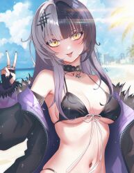 Rule 34 | 1girl, beach, bikini, black bikini, black gloves, black hair, black nails, blunt bangs, blush, breasts, choker, fingerless gloves, fur trim, gloves, grey hair, hair ornament, highres, hololive, hololive english, jacket, jewelry, large breasts, long hair, looking at viewer, multicolored hair, navel, off shoulder, outdoors, ring, shiori novella, shiori novella (1st costume), sk jynx, solo, split-color hair, swimsuit, tongue, tongue out, two-tone hair, upper body, v, virtual youtuber, white hair, yellow eyes
