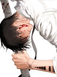 Rule 34 | 1boy, arm tattoo, black eyes, black hair, black necktie, blood, blood on cheek, blood on face, collared shirt, from side, hand up, highres, holding, holding weapon, light smile, looking ahead, male focus, nagumo (sakamoto days), ndsoda, neck tattoo, necktie, parted lips, portrait, sakamoto days, shirt, short hair, simple background, sleeves rolled up, solo, tattoo, teeth, upper teeth only, weapon, white background, white shirt, wrist tattoo