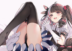 Rule 34 | 1girl, ahoge, ass, asymmetrical legwear, black bow, black panties, black thighhighs, blush, bow, breasts, commentary request, feet, frills, gloves, hair bobbles, hair bow, hair ornament, highres, knees up, long hair, looking at viewer, lying, mismatched legwear, multicolored hair, nijisanji, no shoes, on back, open mouth, panties, puffy short sleeves, puffy sleeves, red eyes, red hair, ribbon, sakimiya mafu, short sleeves, skindentation, smile, soles, solo, split-color hair, streaked hair, thighhighs, thighs, twintails, two-tone hair, underwear, virtual youtuber, white gloves, yorumi rena
