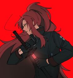 Rule 34 | 0o0onnk, 1girl, black gloves, black jacket, gebura (project moon), gloves, hands up, high ponytail, jacket, library of ruina, long hair, long sleeves, looking to the side, project moon, red background, red hair, scar, scar on face, sheath, sidelocks, simple background, solo, unsheathing, upper body, very long hair, yellow eyes
