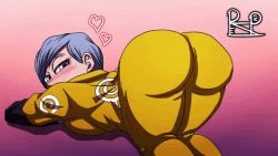 Rule 34 | 1girl, all fours, animated, animated gif, ass, ass focus, ass shake, blue eyes, blue hair, blush, bodysuit, bullet, bulma, come hither, dragon ball, dragon ball super, dragon ball super super hero, dragonball z, from behind, huge ass, jiggle, looking at viewer, rezp, short hair, skin tight, solo, top-down bottom-up, yellow bodysuit