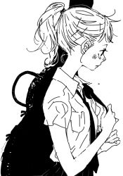 Rule 34 | 1girl, blush, breast pocket, closed mouth, collared shirt, commentary, fingernails, from side, greyscale, guitar case, hair ornament, hair tie, hairpin, hands up, instrument case, lenny-tree, monochrome, necktie, nose blush, original, pleated skirt, pocket, ponytail, profile, sad, school uniform, shirt, short sleeves, simple background, skirt, solo, tareme, tearing up, tears, upper body, white background, wing collar
