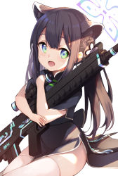 Rule 34 | 1girl, animal ear fluff, animal ears, black dress, blue archive, brown hair, china dress, chinese clothes, cowengium, dress, green eyes, gun, halo, highres, long hair, looking at viewer, hugging object, open mouth, rifle, short sleeves, shun (blue archive), shun (small) (blue archive), simple background, sitting, smile, solo, thighhighs, twintails, weapon, weapon request, white background, white thighhighs