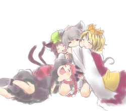 Rule 34 | 4girls, :3, :d, animal ears, bad id, bad pixiv id, blush, cat ears, cat girl, cat tail, chen, extra ears, fang, female focus, group hug, happy, hug, kaenbyou rin, mouse ears, multiple girls, multiple tails, nazrin, open mouth, pointy ears, short hair, siroooo, sketch, smile, tail, toramaru shou, touhou