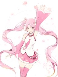 Rule 34 | 1girl, arm up, detached sleeves, hatsune miku, headset, long hair, lpip, necktie, open mouth, pink eyes, pink hair, pink thighhighs, sakura miku, skirt, solo, thigh gap, thighhighs, twintails, very long hair, vocaloid, white background