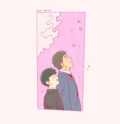 Rule 34 | 2boys, artist name, black hair, brown hair, commentary, english commentary, from side, gakuran, gatoiberico, highres, jacket, kageyama shigeo, looking up, male focus, mob psycho 100, multiple boys, necktie, open mouth, pink background, school uniform, serizawa katsuya, short hair, simple background, smile, upper body