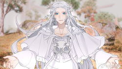 Rule 34 | 1girl, blue eyes, blurry, blurry background, braid, capelet, collarbone, day, drawstring, final fantasy, final fantasy xiv, floating hair, game screenshot background, grey hair, half updo, highres, hood, hood down, hooded capelet, long hair, looking at viewer, mask, mask around neck, namaiwanai, outdoors, outstretched arms, robe, single braid, solo, sophist&#039;s robe (ff14), spread arms, unworn mask, upper body, venat (ff14), wavy hair, weibo logo, weibo watermark, white capelet, white robe, wide sleeves