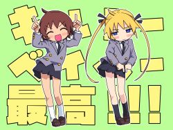 Rule 34 | 2girls, ^ ^, ahoge, averting eyes, black necktie, black ribbon, black skirt, black socks, blazer, blonde hair, blue eyes, blush stickers, brown hair, buttoned cuffs, buttons, check translation, closed eyes, closed mouth, collared shirt, contrapposto, dancing, double-breasted, embarrassed, facing viewer, frown, furrowed brow, green background, grey jacket, hair ribbon, hands up, heel up, highres, internet yamero, jacket, kill me baby, loafers, long hair, long sleeves, miniskirt, multiple girls, necktie, needy girl overdose, open mouth, oribe yasuna, outline, own hands together, parody, pointing, pointing down, pointing up, ribbon, shirt, shoes, short hair, side-by-side, skirt, smile, socks, sonya (kill me baby), straight-on, text background, thick eyebrows, translation request, twintails, v-shaped eyebrows, white outline, white shirt, white socks, wispy bangs, yachima tana