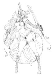 Rule 34 | 1girl, animal ears, bell, covered erect nipples, dual wielding, elbow gloves, fox ears, fox girl, fox tail, gloves, granblue fantasy, greyscale, highres, holding, holding sword, holding weapon, jeffr, jingle bell, long hair, looking at viewer, miniskirt, monochrome, open mouth, panties, pantyshot, ribbon, simple background, sketch, skindentation, skirt, solo, sword, tail, thigh strap, toeless legwear, underwear, weapon, white background, yuel (granblue fantasy)