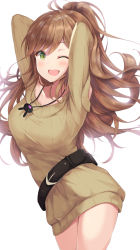 Rule 34 | 1girl, :d, ;d, arms up, bang dream!, belt, black belt, blush, breasts, brown hair, brown sweater, collarbone, commentary request, cowboy shot, green eyes, high ponytail, highres, imai lisa, jewelry, kurai masaru, large breasts, long hair, long sleeves, looking at viewer, necklace, one eye closed, open mouth, ponytail, ribbed sweater, simple background, smile, solo, sweater, white background
