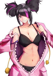 Rule 34 | 1girl, absurdres, alternate costume, alternate hairstyle, artist name, artist request, bare shoulders, black bra, black hair, black panties, bra, breasts, capcom, cleavage, collarbone, female focus, grin, han juri, highres, looking at viewer, matching hair/eyes, multicolored hair, navel, official alternate costume, official alternate hairstyle, pajamas, panties, pink pajamas, purple eyes, purple hair, simple background, smile, solo, stomach, streaked hair, street fighter, street fighter 6, twintails, twitter username, underwear, undressing, unzipped, white background, zipper pull tab