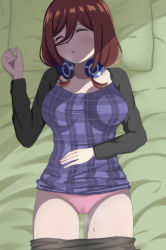 Rule 34 | 1girl, absurdres, bed, black pantyhose, blue shirt, blush, breasts, breath, brown hair, closed eyes, clothes pull, collarbone, go-toubun no hanayome, hand on own stomach, headphones, headphones around neck, highres, large breasts, long hair, long sleeves, lying, nakano miku, open mouth, panties, pantyhose, pantyhose pull, pillow, pink panties, plaid, plaid shirt, poa mellhen, shirt, sleeping, steam, sweat, underwear