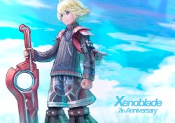 Rule 34 | 1boy, ahoge, anniversary, blonde hair, blue eyes, blue sky, clenched hand, closed mouth, cloud, cloudy sky, commentary request, copyright name, from side, hand on hilt, holding, holding sword, holding weapon, jewelry, long sleeves, male focus, necklace, nintendo, reiesu (reis), ribbed sweater, shorts, shulk (xenoblade), sky, smile, solo, standing, sweater, sword, weapon, xenoblade chronicles (series), xenoblade chronicles 1