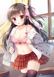 Rule 34 | 1girl, :o, bare shoulders, black thighhighs, blush, bow, bow bra, bra, breasts, brown hair, cardigan, classroom, cleavage, collarbone, commentary request, dress shirt, fujikura ryuune, grey cardigan, hair between eyes, hair bow, hair ornament, hairclip, indoors, long hair, long sleeves, medium breasts, moe2019, navel, off shoulder, one side up, open cardigan, open clothes, open shirt, original, parted lips, pink bow, pink bra, plaid, plaid skirt, pleated skirt, red eyes, red skirt, school uniform, shirt, skindentation, skirt, sleeves past wrists, solo, thighhighs, underwear, very long hair, white shirt, window