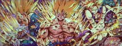 Rule 34 | 3boys, anger vein, blonde hair, blood, clenched teeth, closed mouth, collarbone, commentary, dragon ball, dragonball z, gloves, green eyes, hashagu, highres, jacket, male focus, multiple boys, muscular, muscular male, purple jacket, son goku, super saiyan, super saiyan 1, teeth, topless male, torn clothes, trunks (dragon ball), trunks (future) (dragon ball), upper body, v-shaped eyebrows, vegeta, white gloves