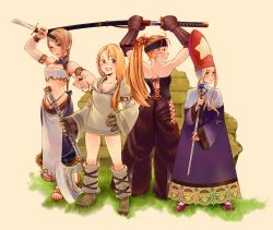 Rule 34 | 4girls, armband, axe, bad id, bad pixiv id, bad proportions, blonde hair, bracelet, braid, breasts, cleavage, dagger, dancer (fft), final fantasy, final fantasy tactics, geomancer (fft), gloves, hat, highres, jewelry, katana, knife, long hair, midriff, multiple girls, ponytail, revision, ring, robe, samurai (fft), staff, sword, thighs, time mage, time mage (fft), uyama hajime, weapon, wristband