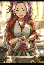 Rule 34 | 1girl, blouse, breasts, chopsticks, cucumber, dated, earrings, closed eyes, highres, jewelry, jun&#039;you (kancolle), kantai collection, long hair, magatama, magatama earrings, purple hair, red shirt, seitei (04seitei), shirt, sink, smile, sunlight, waistcoat, water