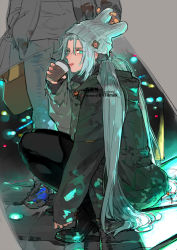 Rule 34 | 2boys, alternate costume, alternate hairstyle, animal ear headwear, aqua eyes, black footwear, black pants, boots, coat, coffee, cup, fake animal ears, final fantasy, final fantasy vii, grey coat, grey hair, grey pants, grey shirt, hand in pocket, holding, holding cup, hood, hood down, long bangs, long sleeves, looking at viewer, low twintails, male focus, multiple boys, pants, parted bangs, sephiroth, shirt, solo focus, squatting, tongue, tongue out, toujou sakana, twintails, twitter username, winter clothes, zack fair