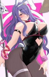 Rule 34 | 1girl, absurdres, animal ears, blush, breasts, camilla (fire emblem), card, fire emblem, fire emblem fates, highres, large breasts, leotard, looking at viewer, necktie, nintendo, pantyhose, peli cantaro, playboy bunny, purple eyes, purple hair, rabbit ears, rabbit hole (vocaloid), rabbit tail, tail