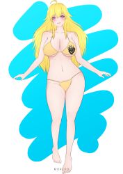 Rule 34 | 1girl, bikini, blonde hair, blush, breasts, cleavage, feet, highres, large breasts, legs, looking at viewer, navel, purple eyes, rwby, smile, solo, swimsuit, thick thighs, thighs, yang xiao long, yellow bikini