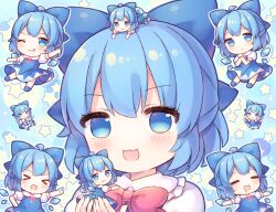 Rule 34 | &gt; &lt;, 6+girls, ahoge, blue bow, blue dress, blue eyes, blue footwear, blue hair, blush, bow, cirno, closed eyes, closed mouth, coa (chroo x), collared shirt, commentary request, detached wings, dress, drooling, fairy, hair between eyes, hair bow, ice, ice wings, multiple girls, multiple persona, one eye closed, open mouth, puffy short sleeves, puffy sleeves, shirt, shoes, short hair, short sleeves, smile, socks, touhou, white shirt, white socks, wings