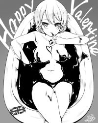 Rule 34 | 10s, 1girl, arm support, armpits, blush, braid, breasts, breasts apart, chocolate bath, chocolate on hand, closed mouth, collarbone, darjeeling (girls und panzer), finger to mouth, food on hand, from above, getsuyou yasumi, girls und panzer, greyscale, happy valentine, heart, highres, looking at viewer, lying, medium breasts, monochrome, navel, nude, on back, partially submerged, short hair, signature, smile, solo, stomach, thighs, union jack